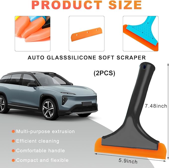 KVAEY 2PCS Small Silicone Window Squeegee, 5.9 Inch Car Windshield Water Blade Squeegee with Non-Slip Handle, All-Purpose Cleaning Squeegee for Car Windshield, Window, Mirror (Black+Blue)