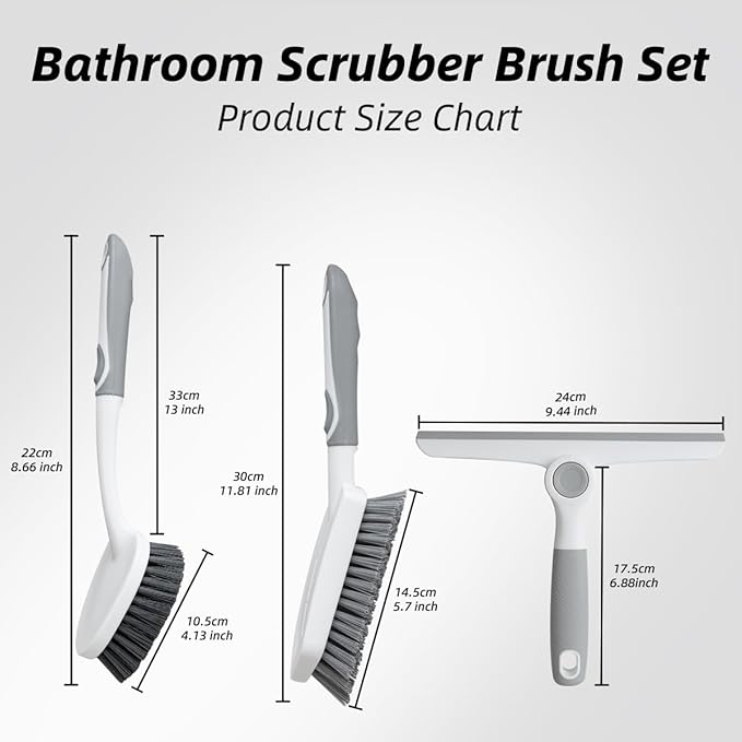 3 Pack Heavy-Duty Scrub Brush Set, Grout Brush, Shower Squeegee, Shower Cleaner Brush with Non-Slip Grip, Stiff Bristles Scrub Brushes for Cleaning Bathroom, Shower, Tile, Grout, Tub, Floor, Sink