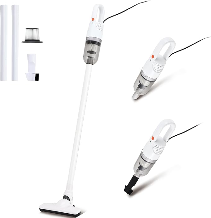 6-in-1 Lightweight Stick Vacuum Cleaner with 100W Powerful Motor, Mini Portable Household Handheld Vacuum Cleaner for Domestic Hard Floors, Carpets and Pet Hair(Porcelain White Corded)