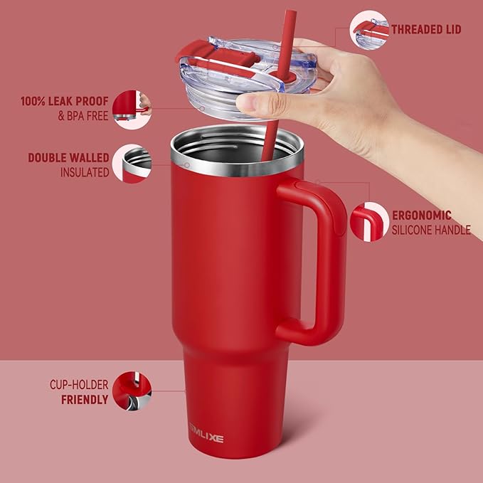 40 oz Tumbler with Handle and Straw Lid,Insulated Reusable Stainless Steel Water Bottle Travel Mug，Cupholder Friendly Double Wall Vacuum Sealed Cup (Cherry Red)