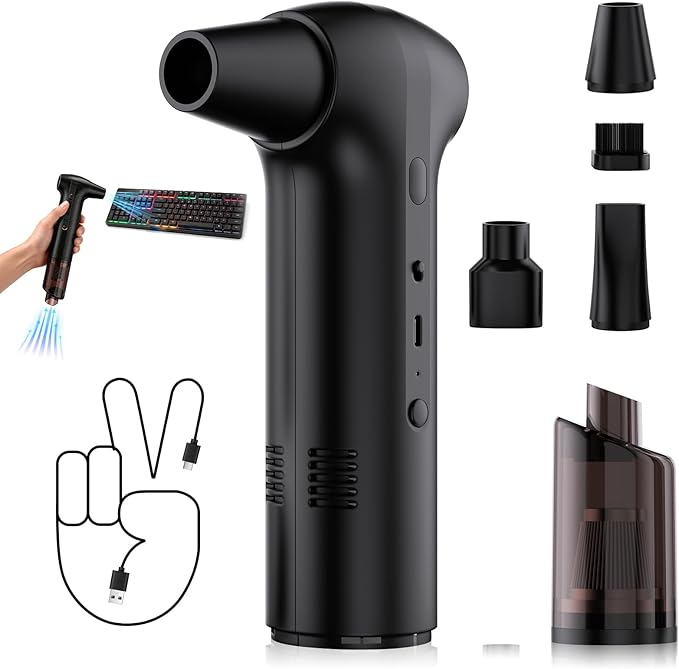 Compressed Air Duster 130000RPM - Rechargeable Electric 2-in-1 Air Blower & Vacuum Cleaner, 3-Speed Brushless Motor, Fast Charging, 4 Nozzles for Computer Keyboard PC Car Electronics Cleaning