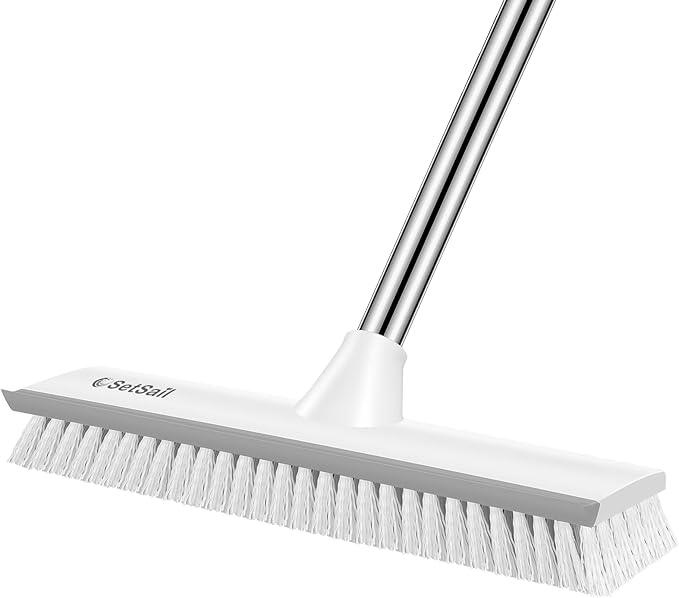 SetSail Upgraded Large 12 in Wide Floor Scrub Brush with 51-Inch Long Adjustable Handle 2 in 1 Scrape Brush Stiff Bristle Floor Scrubber for Cleaning Shower Bathroom Garage Kitchen Wall Deck Tub Tile