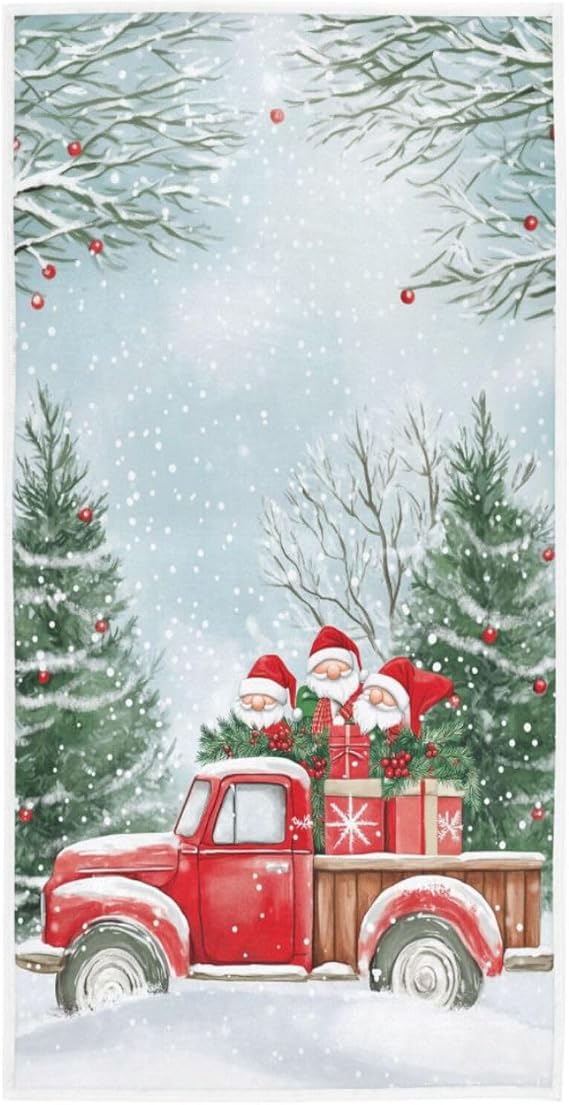 Naanle Christmas Red Toy Model Truck Loaded with Sweets Spruce Twigs Holly Leaves & Berries Soft Large Hand Towels Multi