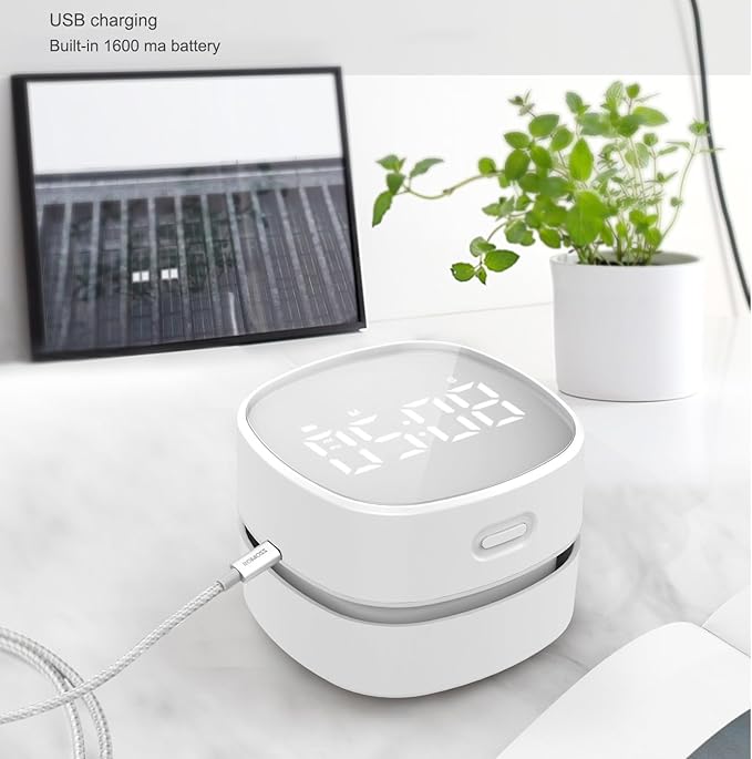 ODISTAR Counter Vacuum Cleaner,Mini Table dust Sweeper Energy with Digital Timer,Endurance up to 400 mins,360º Rotatable for Cleaning Rubber shavings,Crumbs Keyboard of Gifts for Kids(White)