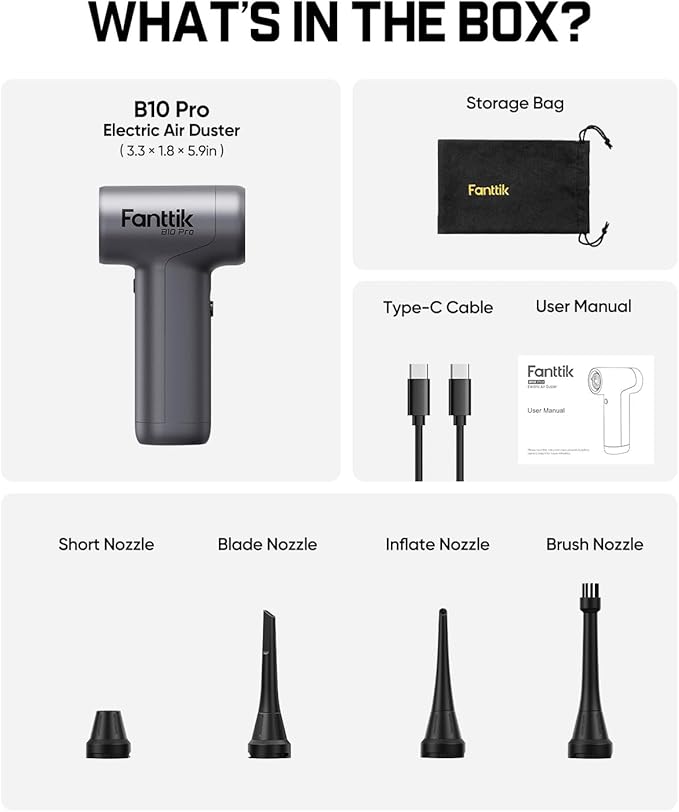 Fanttik B10 Pro Electric Air Duster, 110000RPM Brushless Motor, Compressed Air Duster, Mini Blower with One-tap Booster, 3 Gears Adjustable, Electric Duster for PC, Keyboard, Electronics (Silver)