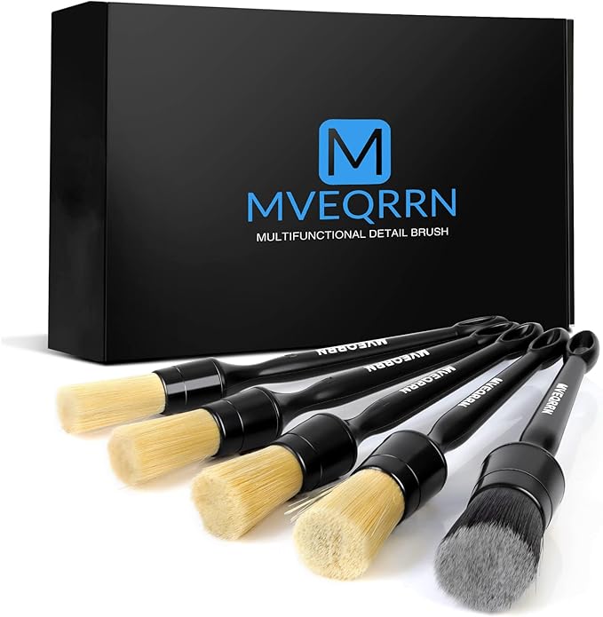 MVEQRRN 5pcs Car Detailing Brush Set, Boar Hair Car Detailing Brushes, Ultra Soft Scratch-Free Car Interior Detail Brush for Leather Seats,Detail Brushes Car Detailing for Interior Exterior.