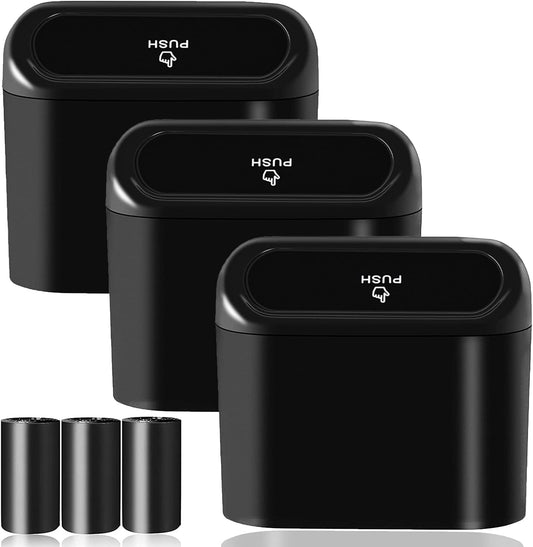Car Trash Can Bin with Lid - 3 Packs Universal Vehicle Mini Leakproof Garbage Can Bin with 60pcs Trash Bags Can Organizer Storage for Front Back Seat Accessories for Auto Office Bedroom Home(Black)