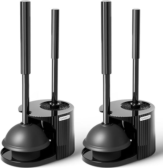 FORASTO 2Pack 2 in 1 Toilet Brush and Plunger Set, Extended Handle Plunger,Toilet Bowl Brush Plunger Set,Bathroom Cleaning Tools,Toilet Brush Plunger Combo,Cleaning Supplies，Bright Black(19.9inch)