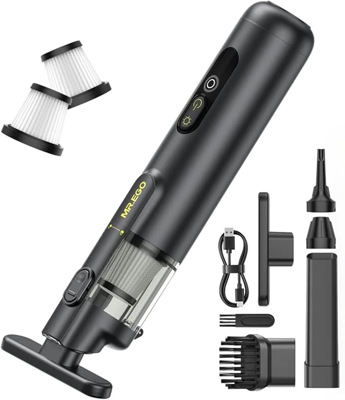 Mr.ego Handheld Car Vacuum Portable Cordless, 4-in-1 Mini Vacuum with 18500Pa Strong Suction, Desk Vacuum Cleaner and Air Duster with Green LED Light for Small Jobs, Car, Home, Keyboards (Satin Black)