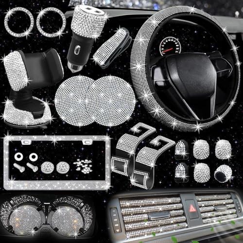 27 PCs Bling Car Accessories Set for Women, Steering Wheel Covers Universal Fit 15 Inch, Bling License Plate Frame, Bling Phone Holder, Bling Car Coasters (Silver Diamond)
