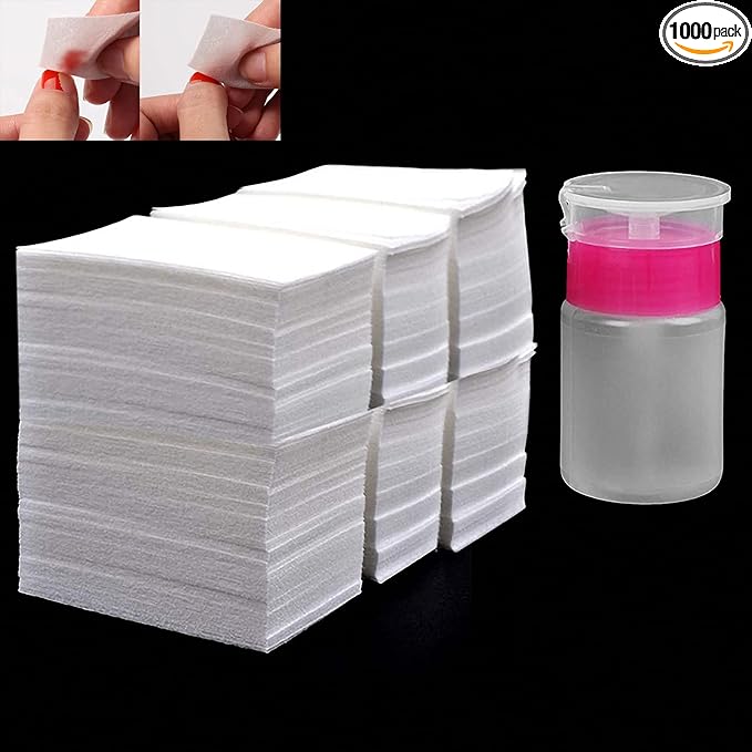 1000PCS Nail Cotton Pads,1pcs Push Down Pump Dispenser Bottle for Nail Alcohol Polish Removal,Nail Wipes,Lint Free Wipes for Acrylic Nails,Gel Residue Wipe Off Solution for Nails