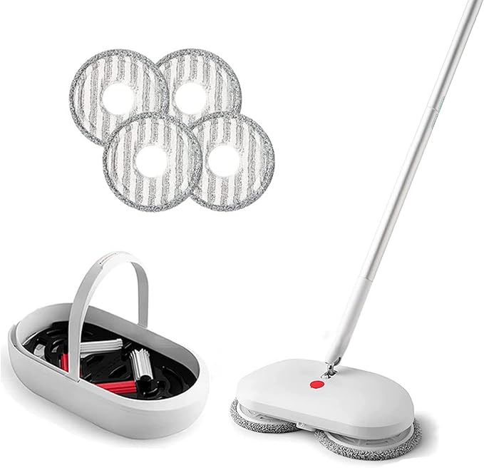 REECOO Cordless Electric Spin Mop Power Mop with 4 Floor Scrubber Pads/Automatic Cleaning Bucket/Water Sprayer,Lightweight & Rechargeable,Suitable for Wooden, Marble, Tile, Hardwood Floor.