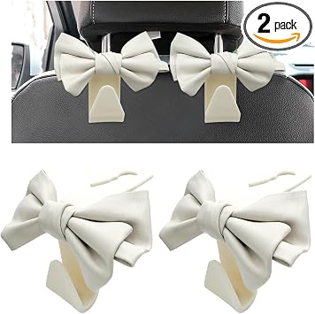 2 PCS Car Seat Headrest Hooks, Cute Bow Shaped Vehicle Backseat Purse Holder Storage Hook, Bow Knot Seat Back Hooks Hang