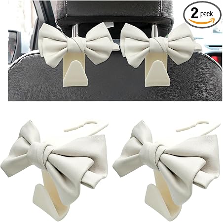 2 PCS Car Seat Headrest Hooks, Cute Bow Shaped Vehicle Backseat Purse Holder Storage Hook, Bow Knot Seat Back Hooks Hang