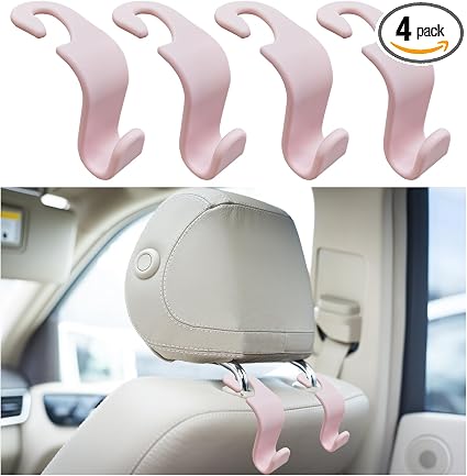 Kewucn 4 Pack Car Seat Headrest Hook, Stylish Back Seat Hook Holder Organizer for Handbag Purse Clothes Coats Grocery Ba