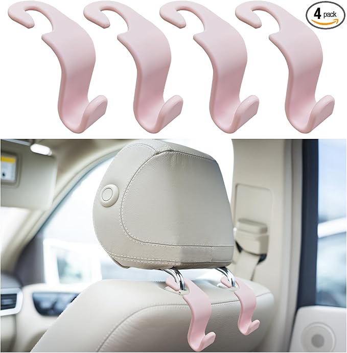 Kewucn 4 Pack Car Seat Headrest Hook, Stylish Back Seat Hook Holder Organizer for Handbag Purse Clothes Coats Grocery Ba