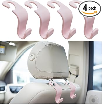Kewucn 4 Pack Car Seat Headrest Hook, Stylish Back Seat Hook Holder Organizer for Handbag Purse Clothes Coats Grocery Ba