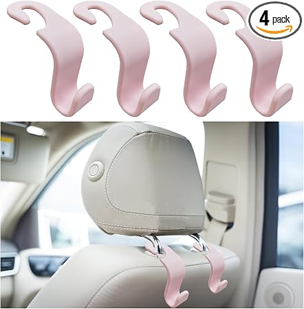 Kewucn 4 Pack Car Seat Headrest Hook, Stylish Back Seat Hook Holder Organizer for Handbag Purse Clothes Coats Grocery Ba
