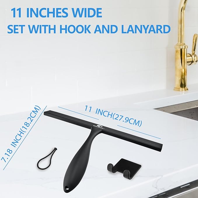 Shower Squeegee for Shower Doors with Bold Handle, 11" Anti-Rust Silicone Shower Squeegee for Shower Glass Door with Stainless Steel Inner Frame, Ergonomics All-Purpose Window Squeegee-Black