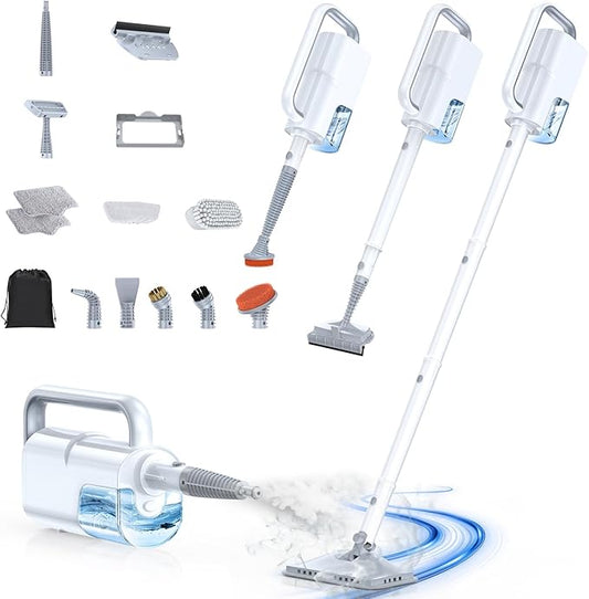 Steam Mop with Detachable Handheld Steam Cleaner, 10-in-1 Multi Accessories, Quick 10s Heat, 350ml and 2-Level Steamer for Cleaning Floor, Carpet, BBQ Grill, Tile, and Grout, Light White