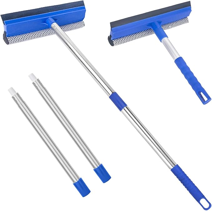 Window Squeegee for Home, 56'' Long Handle Shower Door Cleaner Tool, 2-in-1 Glass Scrubber for Car Windshield Cleaning