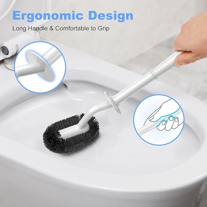 HAMITOR Toilet Bowl Brush Holder Set: Curved Design with Holder for Deep Cleaning Under Rim - Compact Hidden Scrubber for Small Space - Modern RV Bathroom Accessories - White 1 Pack