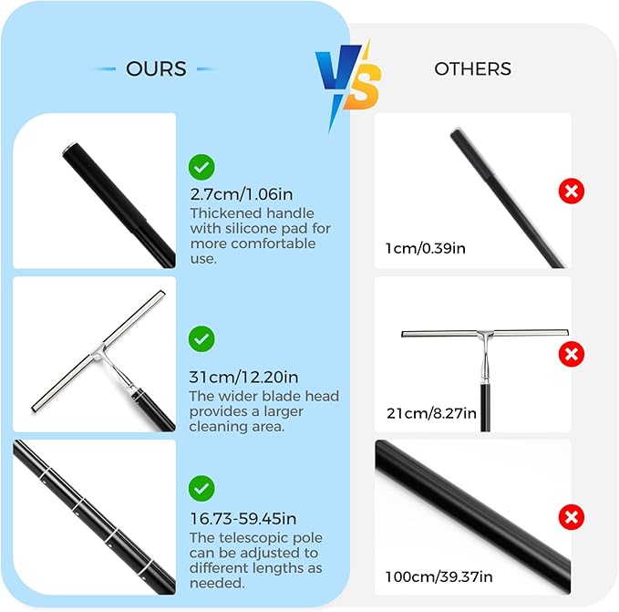 16.7“- 59.5" Long Handle Window Squeegee with Extension Pole, 12.4" Wide Metal Shower Squeegee for Glass Doors, 2-in-1 Squeegee for Home Window Cleaning, Tile Wall, Car (Silver)