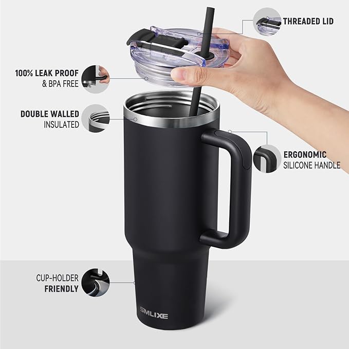 40 oz Tumbler with Handle and Straw Lid,Insulated Reusable Stainless Steel Water Bottle Travel Mug，Cupholder Friendly Double Wall Vacuum Sealed Cup (Black)