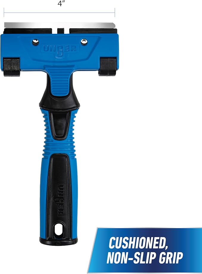 Unger Professional Connect and Clean 4" All-Purpose Scraper, Window, Glass, and Floor Scraping Tool Supplies, Adhesive Removal, Gum, Stickers, Paint Removal, Dual-Sided Blade