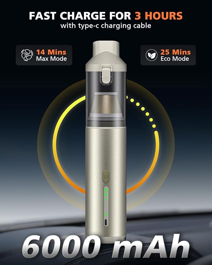 Car Vacuum Portable with 16000Pa Powerful Suction, Handheld Vacuum Cordless Rechargeable Blow & Suction 4 in 1, Small Vacuum Cleaner for Car, Outdoor, Home, Office (Gold Renew)