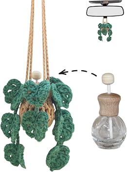 Cute Crochet Car Plant Monstera Essential Oil Diffuser Bottle - 12ml Refillable, Green Car Accessory for Mirror Decor an