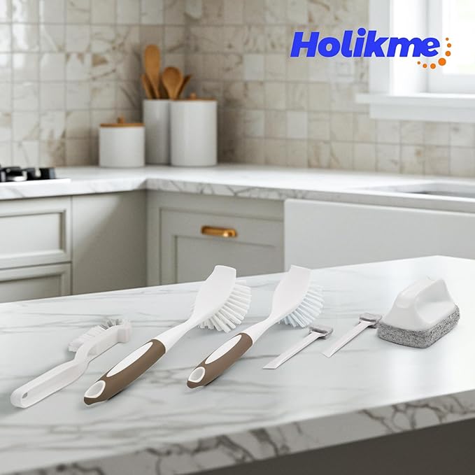 Holikme Cleaning Brush Set, Scouring Pad for Cleaning, Groove Gap Brushes for Pot, Pan, Kitchen Sink, Wire Brushes (Brown)