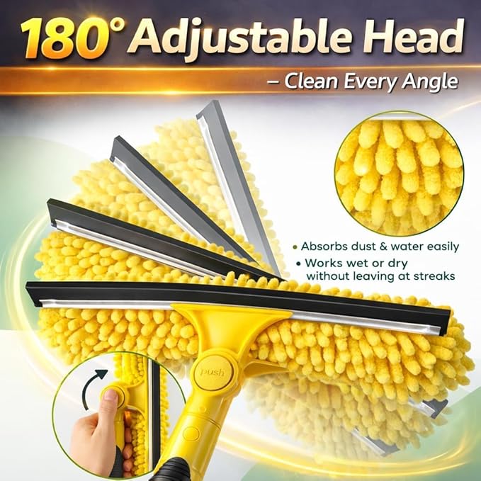 24ft Squeegee Window Cleaner with Extension Pole,2 in 1 Window Cleaning Tool with 5-Stage Telescopic Pole & Rotatable Head,Window Washing Equipment for Solar Panel, RV, Indoor/Outdoor Window,Car Glass