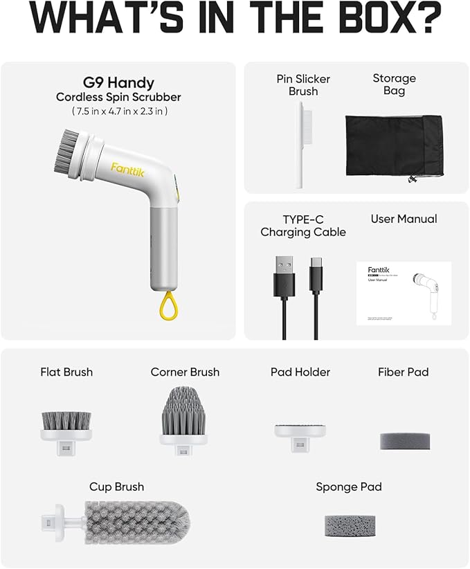 Fanttik G9 Handy Cordless Electric Spin Scrubber, MagnaStorm Motor, Dual-Speed, 5 Brush Heads, LED Display, IPX7 Waterproof, 2500mAh with Type-C Charging, for Kitchen, Sink, Tile, Stove- White