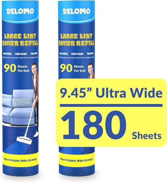 DELOMO Large Lint Roller Refills (2 Pack, 180 Sheets) – Compatible Only with DELOMO 9.45 in Floor Lint Roller – Extra Sticky Floor Lint Roller Refill for Carpets, Cars, Beds, Couches & Pet Hair