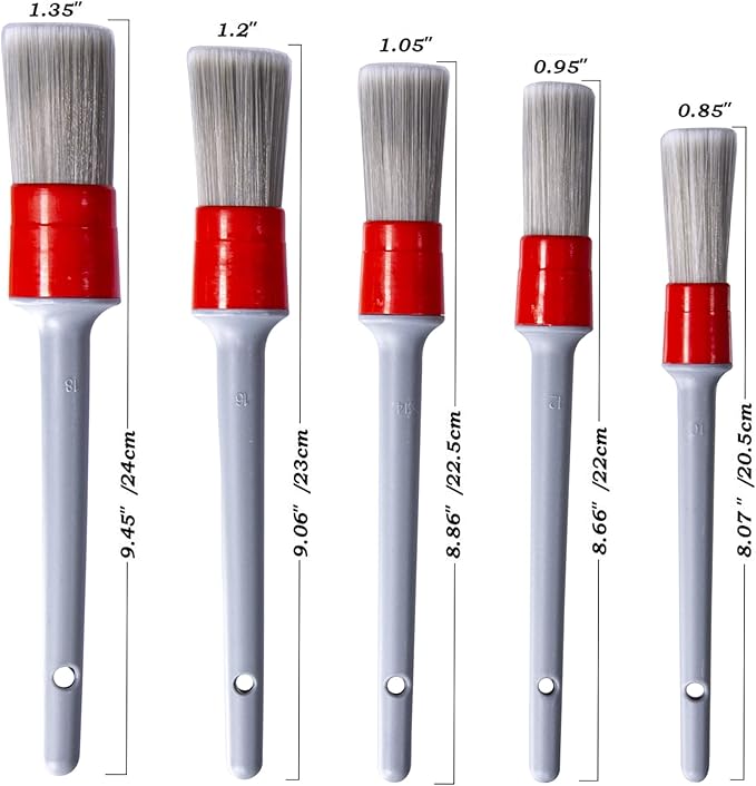Detailing Brush Set - 5 Different Sizes Premium Natural Boar Hair Mixed Fiber Plastic Handle Automotive Detail Brushes for Cleaning Wheels, Engine, Interior, Air Vents, Car, Motorcy Grey