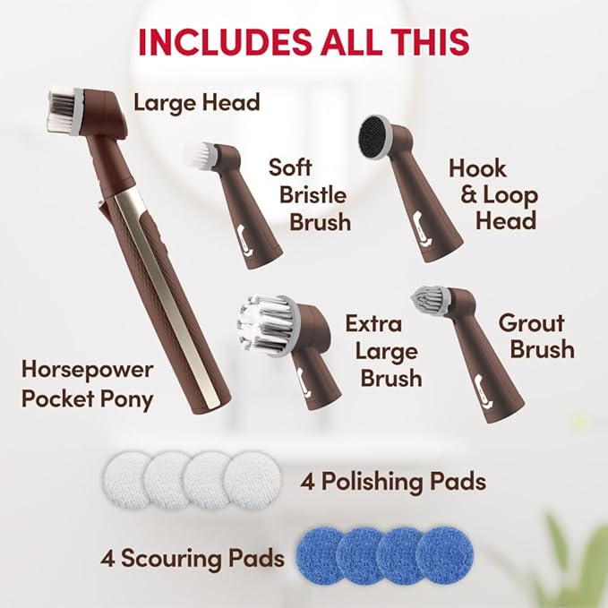 Horsepower Pocket Pony, AS SEEN ON TV, Waterproof, Cordless, Pocket-Sized, Oscillating Power Scrubber, Deep Clean, Tight Spaces, Rechargeable, Grout Lines, Corners & Detailing, 5 Brush Heads & LED