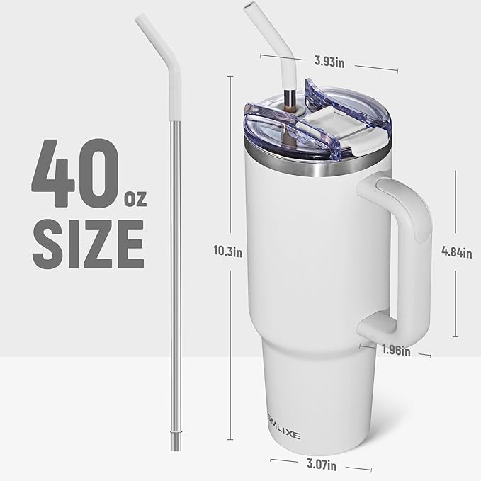 40 oz Tumbler with Handle and Straw Lid,Insulated Reusable Stainless Steel Water Bottle Travel Mug，Cupholder Friendly Double Wall Vacuum Sealed Cup (Cold White)