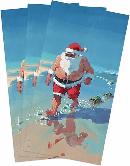 Beach Christmas Kitchen Towels, Coastal Ocean Turtle Santa Claus Blue Absorbent Microfiber Kitchen Dish Hand Tea Bath To