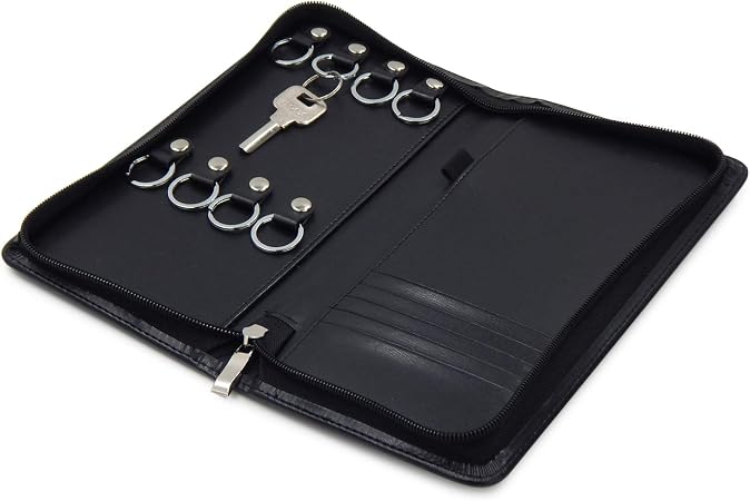 OFFIDIX PU Leather Portable Key Cabinet,8-Key Hooks Portable Zippered Key Case Menus Card Organizer Holder Business Padf