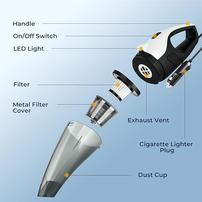 ezly Hand Held Car Vacuum Cleaner 6000PA Powerful Suction, Portable Mini Car Vacuum Cleaner, Handheld Vacuum with Washable Filter for Car/Office/Home, Pet Hair, Corded 13.12FT