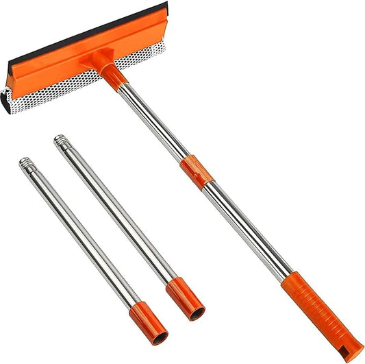 15.9" Window Squeegee with Extension Pole - 2-in-1 Glass Cleaner and Sponge Scrubber for Shower, Car Windshield, Home and Outdoor High Windows with Stainless Steel Handle