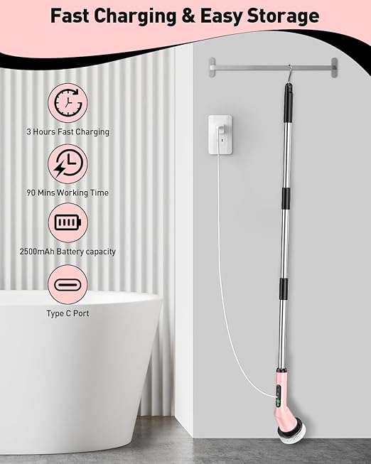 Shower Scrubber with Long Handle, Shower Cleaner Brush with 8 Floor Machine Pads, Cordless Electric Spin Scrubber for Cleaning with 2 Speed, Cleaning Supplies for Bathroom Bathtub Kitchen Floor Toilet