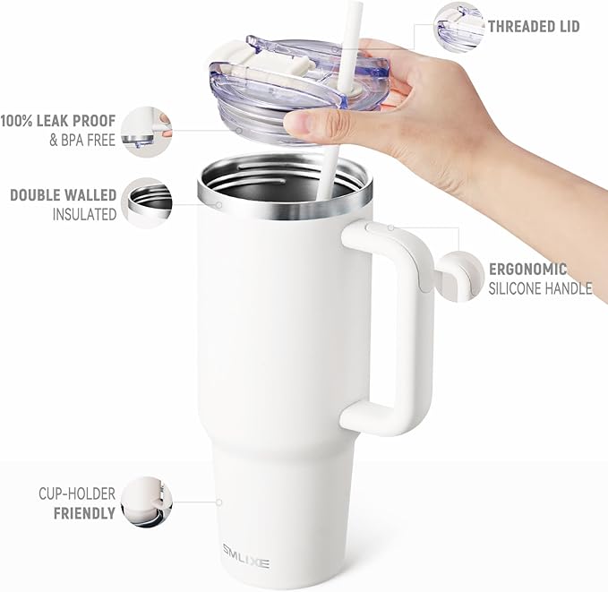 40 oz Tumbler with Handle and Straw Lid,Insulated Reusable Stainless Steel Water Bottle Travel Mug，Cupholder Friendly Double Wall Vacuum Sealed Cup (Snow)