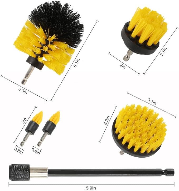 6Pcs Drill Brush Cleaning Kit with Extendable Rod, Yellow Power Scrubber Attachments for Shower, Tub, Tile, Grout, Kitchen and Car (Yellow-6pcs)