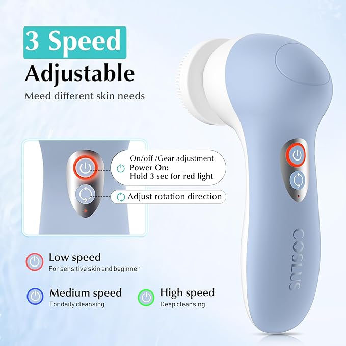 COSLUS FBX04 Powered Facial Cleansing Brush: Rechargeable Electric Face Cleanser for Sensitive & Acne-Prone Skin, 3 Brush Heads, 3 Speeds, 2-Direction Rotation, for Men Women IPX7, Deep Cleaning Blue