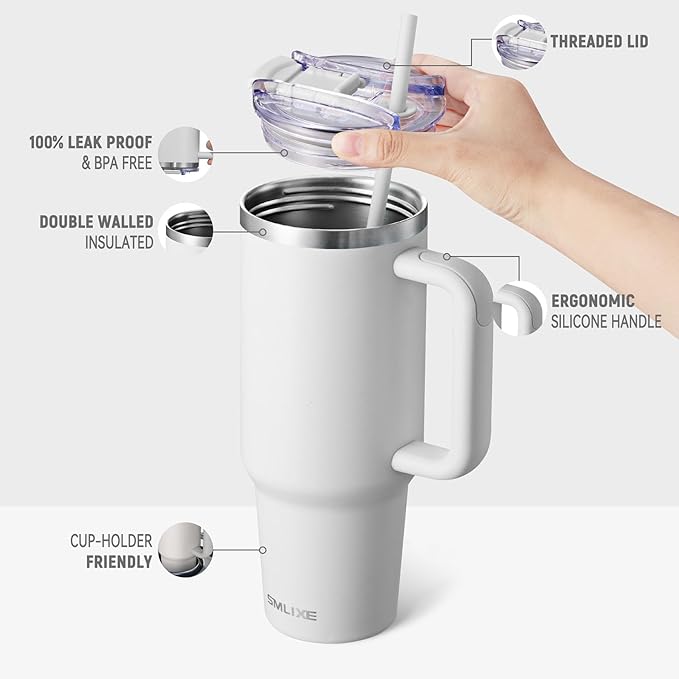 40 oz Tumbler with Handle and Straw Lid,Insulated Reusable Stainless Steel Water Bottle Travel Mug，Cupholder Friendly Double Wall Vacuum Sealed Cup (Cold White)