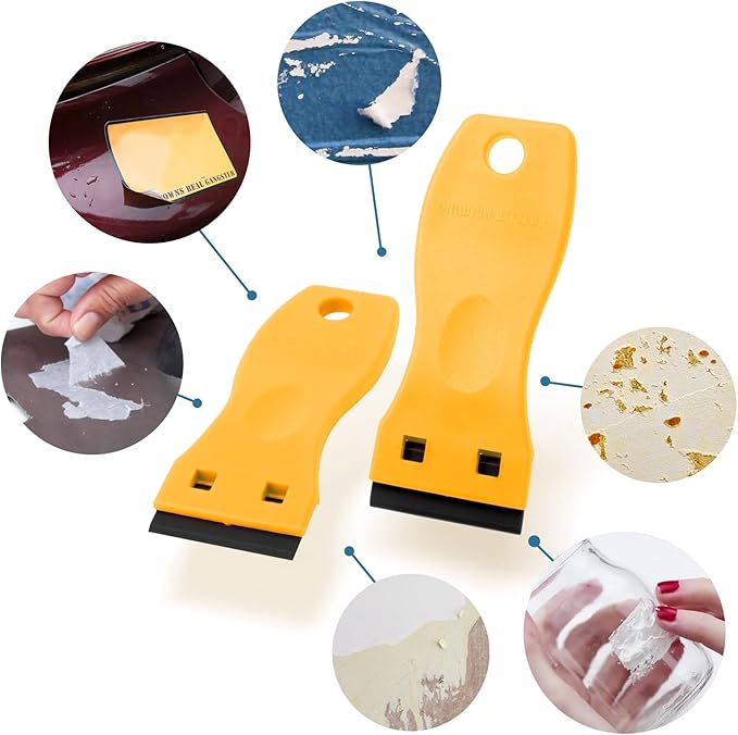 FOSHIO 2PCS Plastic Razor Blade Scraper Tool and 100PCS Plastic Blades for Gasket Remover, Sticker Remover, Labels Decal and Adhesive Remover for Windows and Glass (Yellow)