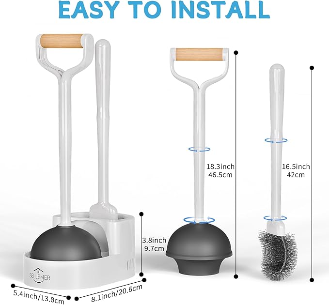 Sellemer 2 in 1 Toilet Brush and Plunger Set, Curved Design Head for Deep Clean, Heavy Duty Toilet Bowl Brush and Plunger Combo with Holder for Bathroom,White, 1 Pack