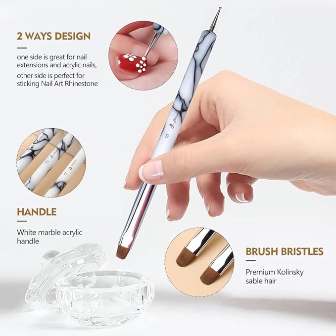 French Nail Brush, YIHUALE 2 Way French Gel Acrylic Nail Art Kolinsky Brush With Dotting Tool for Professional Manicure Cuticle Clean Up Nail Art Design- White And Black 8# (8#, White And Black)